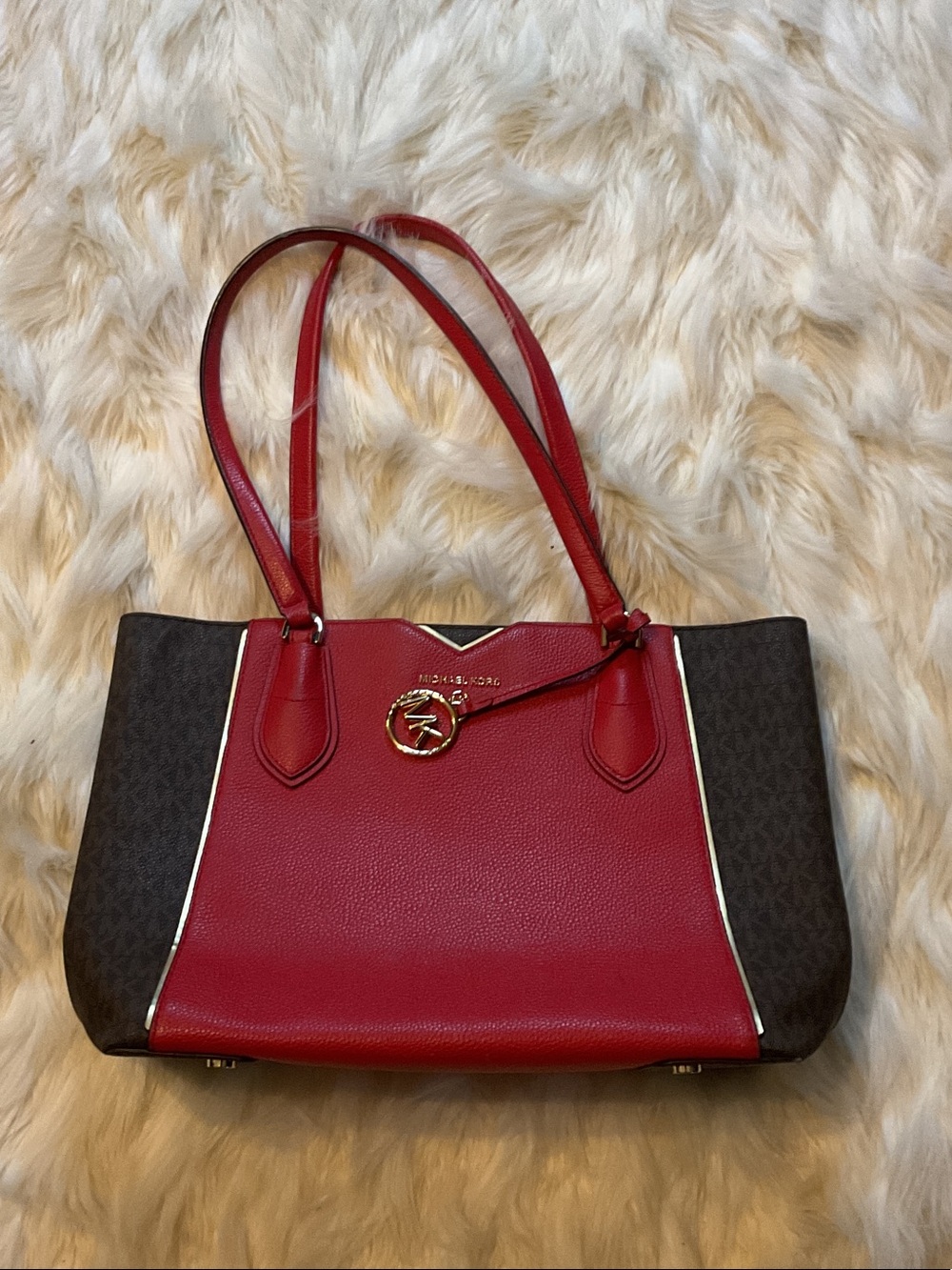 Michael Kors Red and Brown Signature Leather Tote